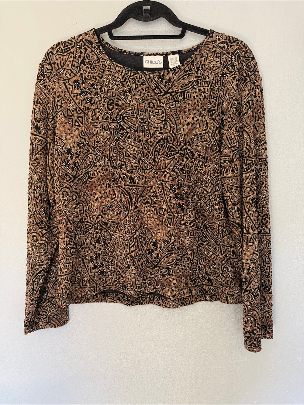 Chicos Black Artsy Gold Embellishment Women L/12 Chicos 2 Long‎ Sleeve Shirt